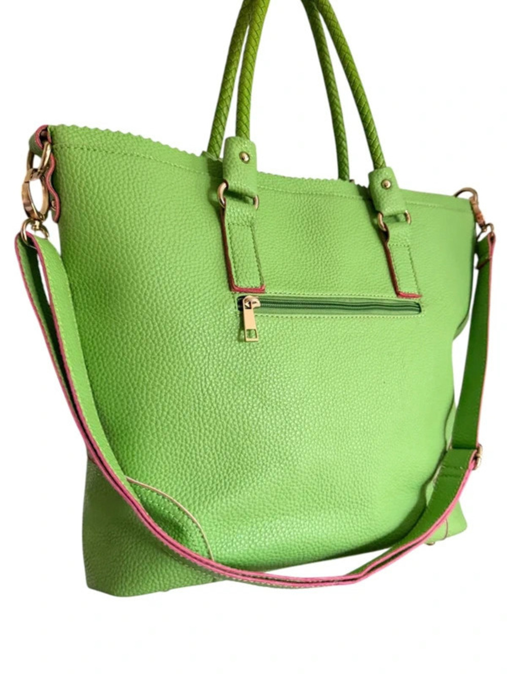 Mellow World Lime Green Tote Shoulder Crossbody Bag Pink Trim Braided Handles